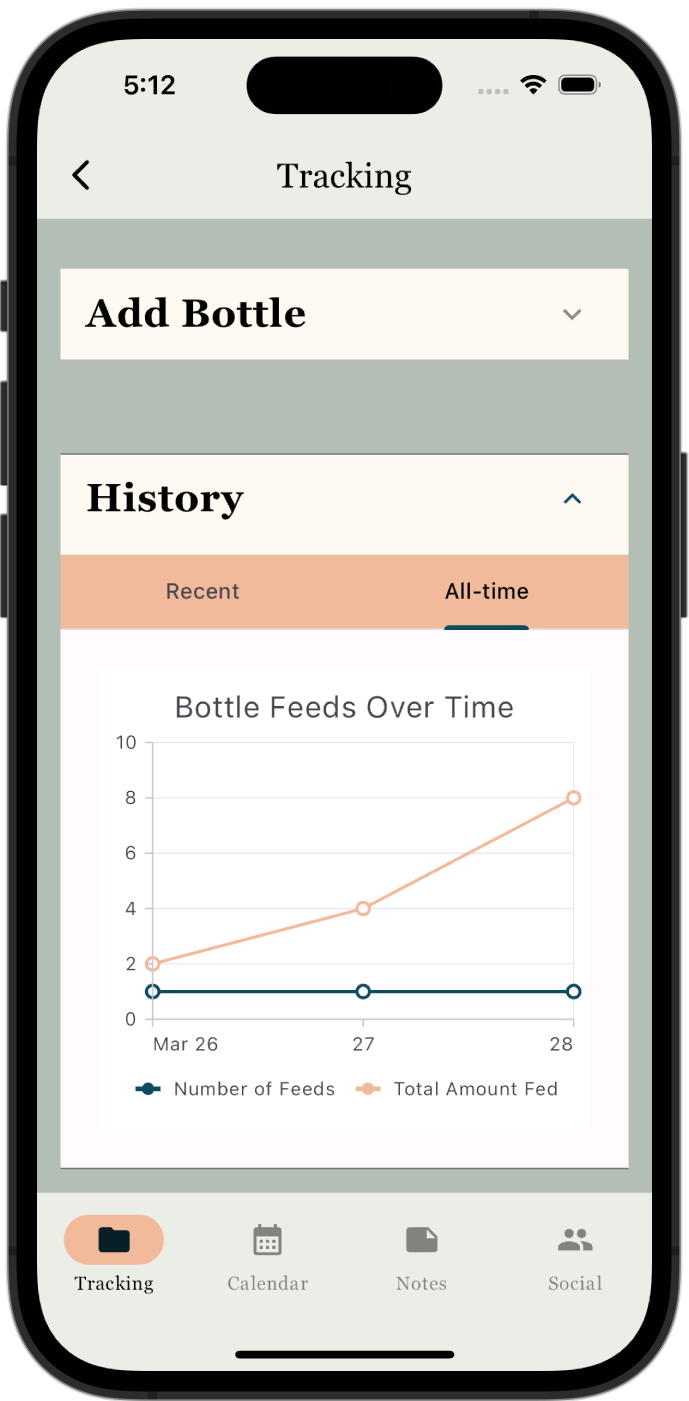 history page of the Babysteps app