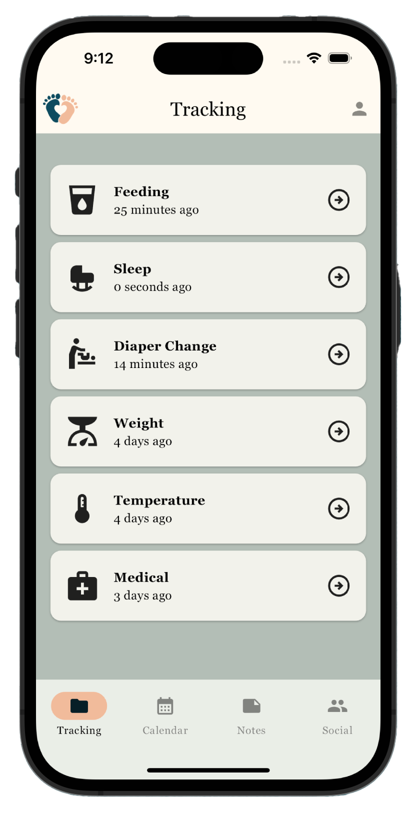 tracking page of the Babysteps app